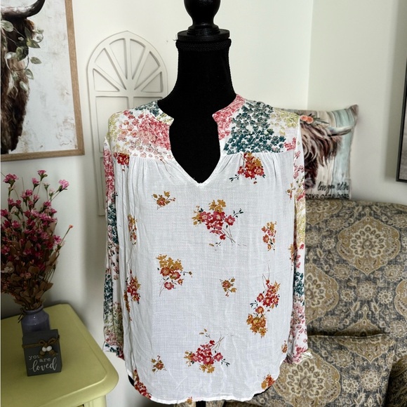Lucky Brand Cream Pleated Blouse with Mandarin Collar - Picture 1 of 5